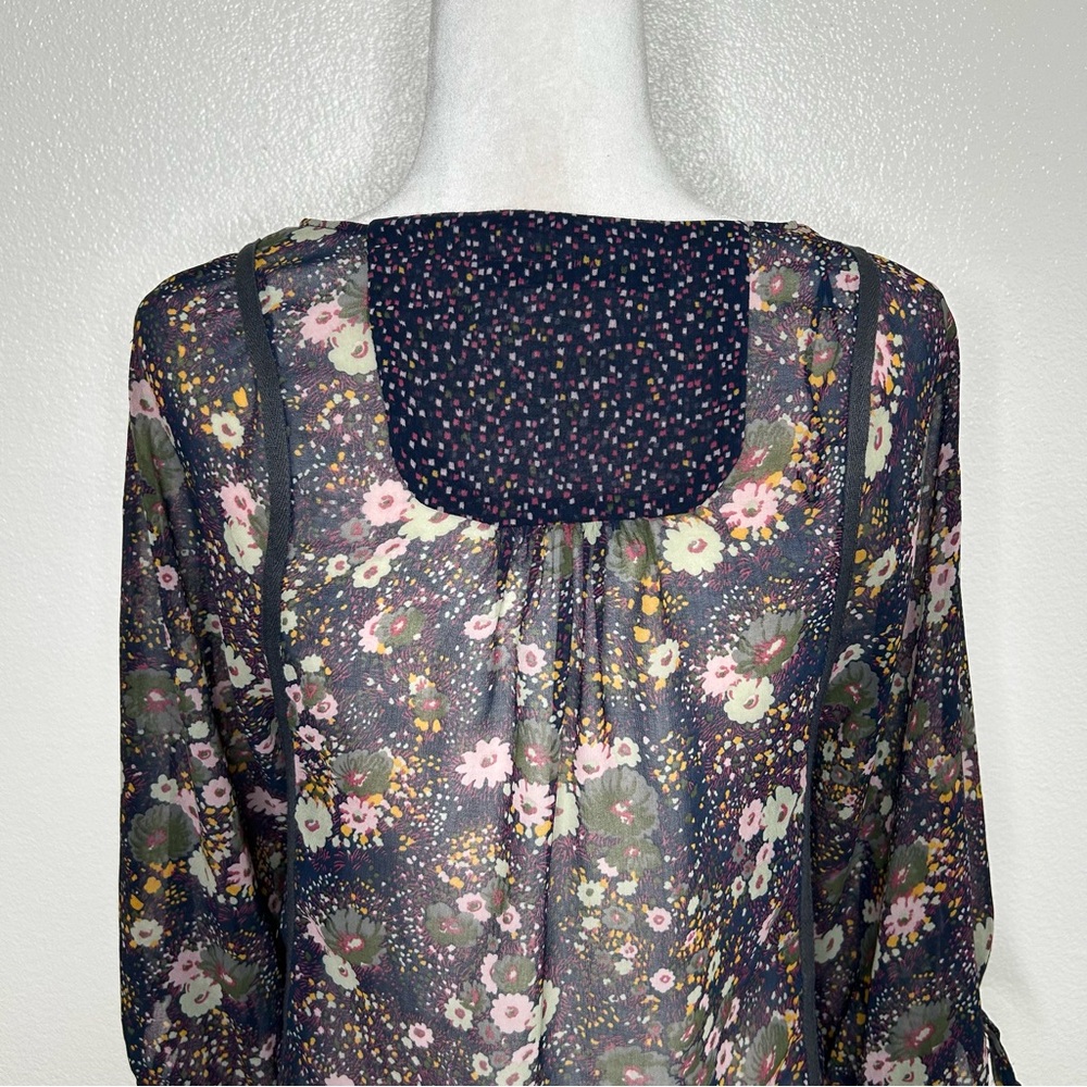 ZARA Womens Navy Blue Floral Chiffon Front Tie Top Balloon Sleeve Size XS/ S - Picture 8 of 10